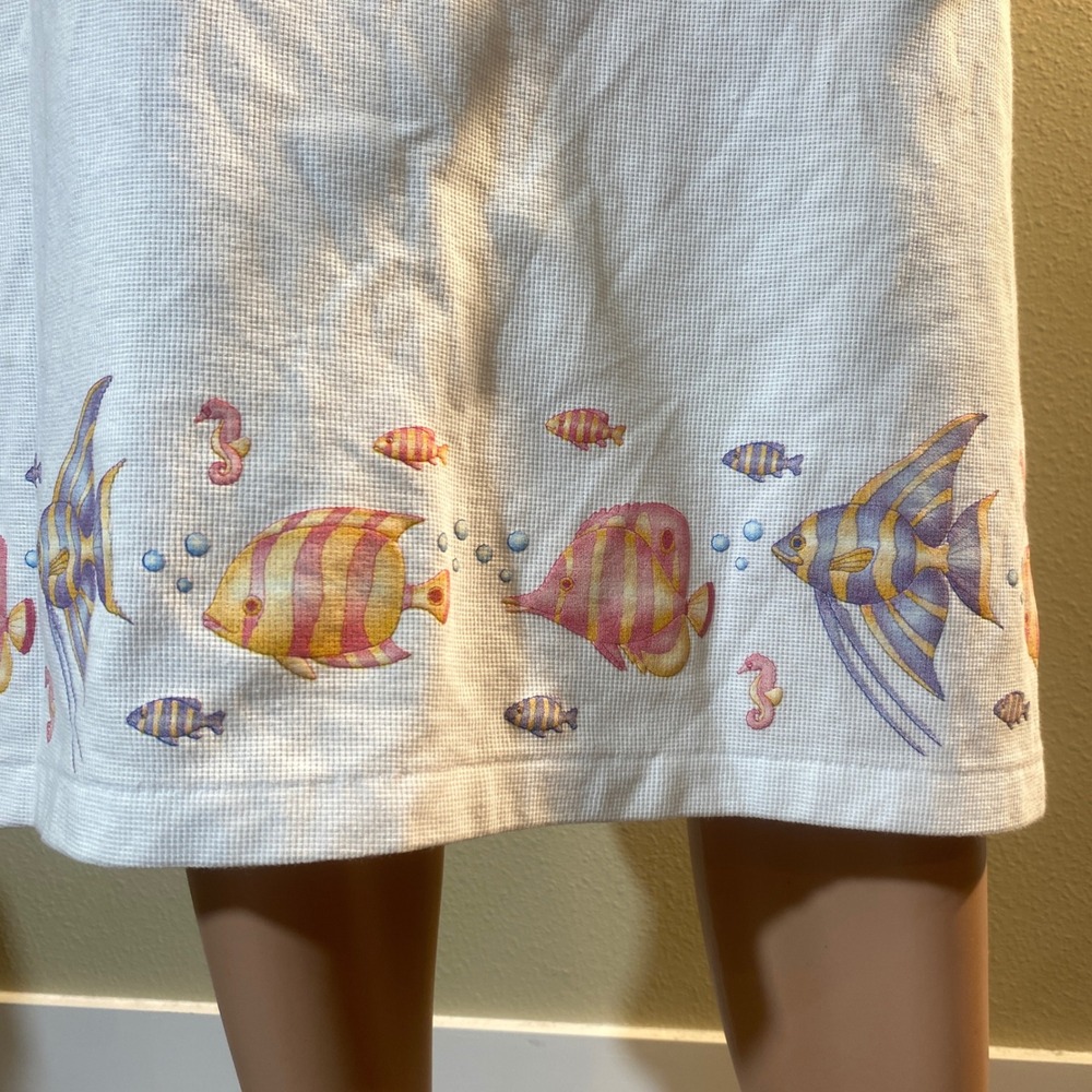 Arei Vintage Waffle Knit Tropical Fish Midi Dress White Sleeveless Mexico XL